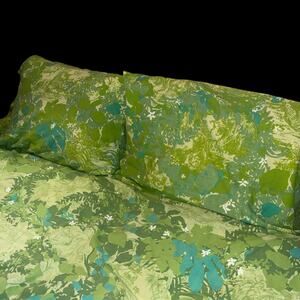 Vintage 70s Green Jungle Floral Double Flat Sheet & Pillowcases Percale USA